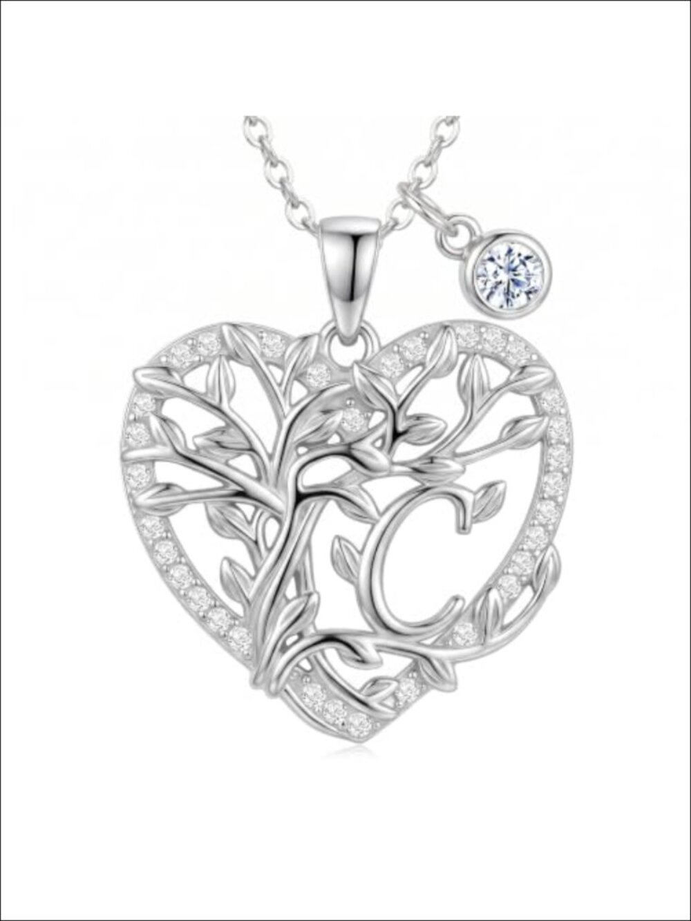 Tree of Life Initial C Necklace White Gold Finish CZ Pendant Hypoallergenic